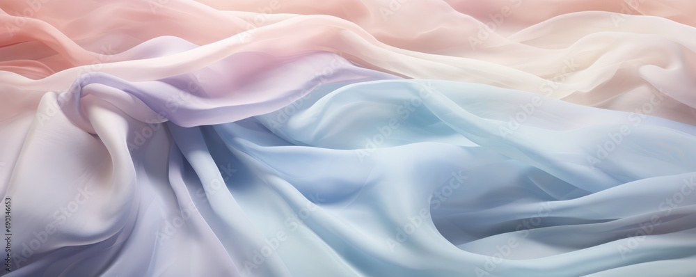 Obraz premium A background of crumpled delicate transparent fabric in warm pastel-colored blue, orange, and violet shades, gathered in waves. A sense of calm and elegance. elegant. Ultra-wide panoramic banner