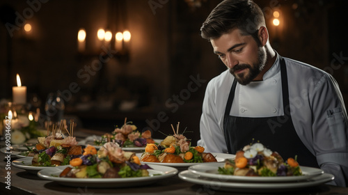 Chef’s Culinary Creation: A man presenting an exquisite culinary masterpiece, with beautifully arranged dishes on a restaurant table.
