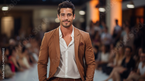 Fashion Runway Model: A man confidently strutting down a fashion runway, showcasing the latest stylish designs.
