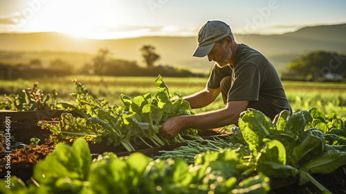Farm-to-Table Farmer: A man harvesting fresh produce on a sunlit farm, highlighting the connection to sustainable agriculture.
