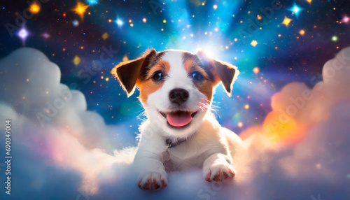 chien chiot Jack Russell souriant allongé nuages ciel étoiles paradisiaque photo