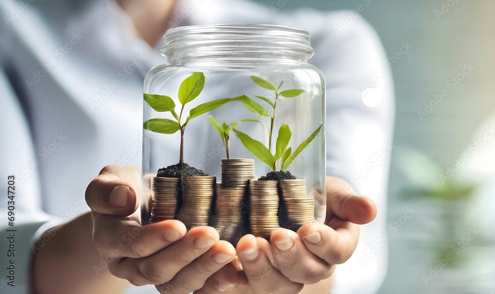 Businessman holding glass jars with plants growing from money investment and financial metaphor.