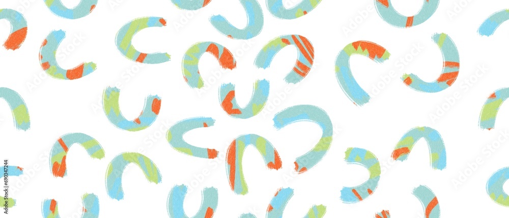 Seamless abstract geometric pattern. Simple background blue, orange, green and white texture. Arcs. Digital brush strokes. Design for textile fabrics, wrapping paper, background, wallpaper, cover. Seamless abstract geometric pattern. Simple background blue, orange, green and white texture. Arcs. Digital brush strokes. Design for textile fabrics, wrapping paper, background, wallpaper, cover.