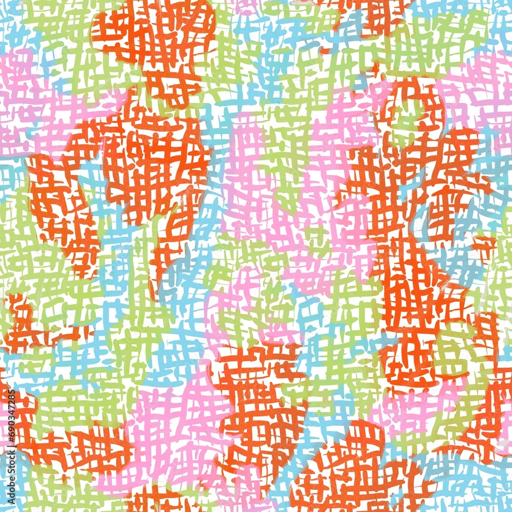 Fototapeta premium Seamless abstract pattern. Simple background with orange, blue, pink, green, white texture. Digital brush strokes background. Design for textile fabrics, wrapping paper, background, wallpaper, cover.