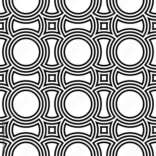 Black figures background. Circles and squares texture. Ethnic motif. Seamless surface pattern design with circular embroidery ornament. Digital paper with rings for textile print, web designing.