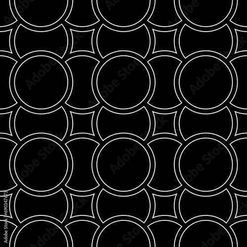 White figures outlines on black background. Circles and squares texture. Ethnic motif. Seamless surface pattern design with circular embroidery ornament. Digital paper with rings for textile print.