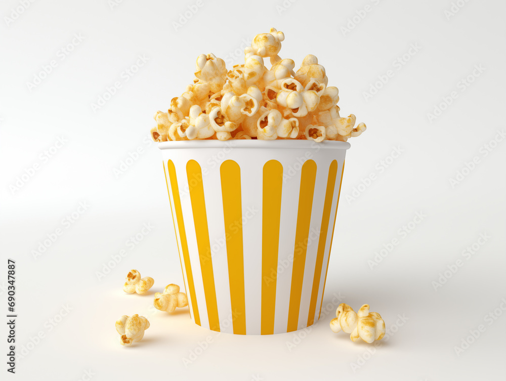 3d cup of cinema popcorn. Yellow-striped popcorn container overflowing with freshly popped corn on a clean white background, capturing a cinematic snack concept. 3d cup of cinema popcorn. Yellow-striped popcorn container overflowing with freshly popped corn on a clean white background, capturing a cinematic snack concept.