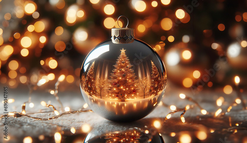 A Christmas tree is reflected in a glass ball