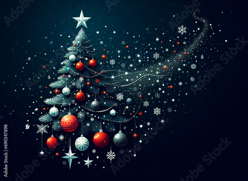 A fantastic cosmic Christmas tree is flying against the background of the starry sky