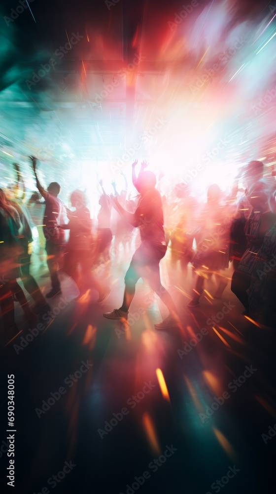 Fototapeta premium People at a concert in smoke raising their hands. Blurred background and movements. Energetic music party. Live music and fun. Concept of celebration, lively crowd, madness. Vertical banner