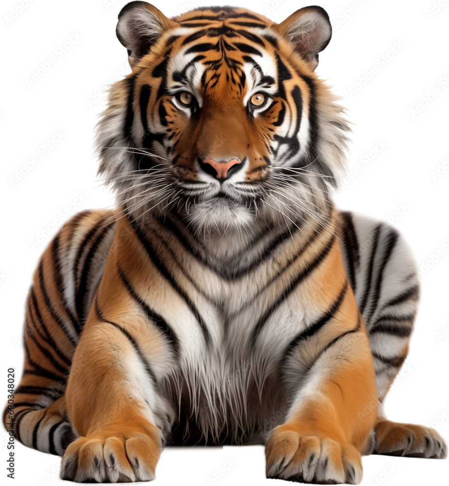 Picture of a sitting tiger isolated on transparent background, png