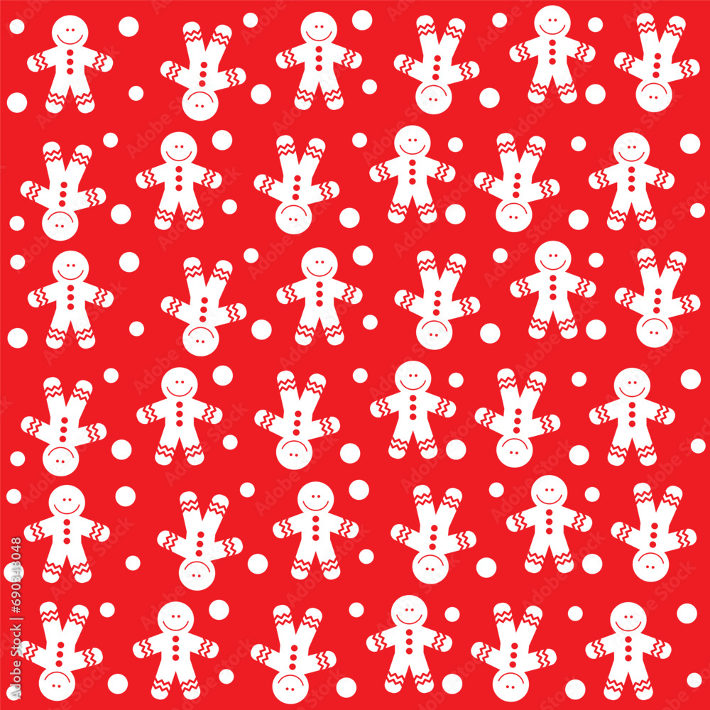 Pattern cute gingerbread men on a red background with snow. Christmas print, textile, background, vector Pattern cute gingerbread men on a red background with snow. Christmas print, textile, background, vector