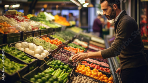Vibrant market scene with people carefully selecting fresh, organic vegetables, ensuring a colorful and nutritious feast for a healthy lifestyle photo