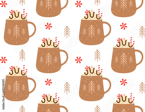 Hot drinks pattern. Seamless Cups with warm drink variants. Vector flat repeated background for wallpaper, wrapping, packing, textile