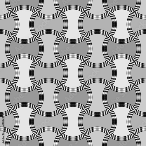 Apple core quilts texture. Seamless surface pattern design with ethnic ornament. Grey interlocking axehead figures tessellation on striped background. Image with hammerhead shapes. Bow patchwork motif