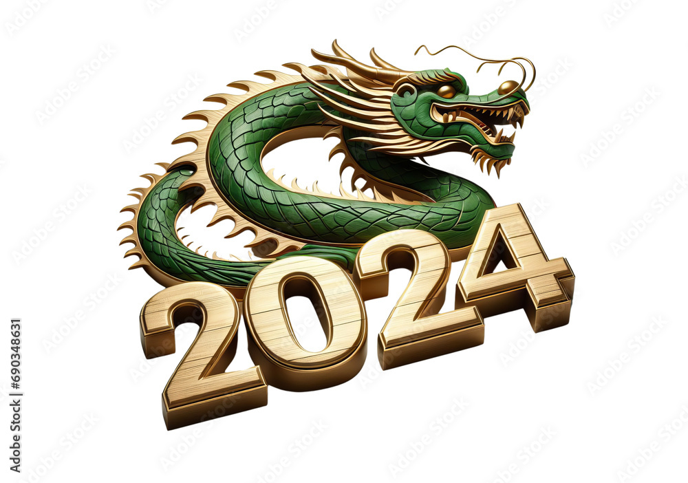 2024 Chinese new year, year of the dragon. Green wooden dragon isolated on white transparent, PNG