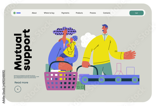 Mutual Support: Skip ahead in line -modern flat vector concept illustration of man letting woman with child go ahead in shop checkout line A metaphor of voluntary, collaborative exchanges of services