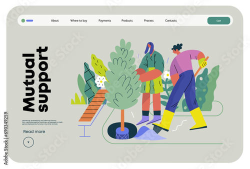 Mutual Support: Community yard improvement -modern flat vector concept illustration of people planting trees and plants A metaphor of voluntary, collaborative exchanges of resource, services