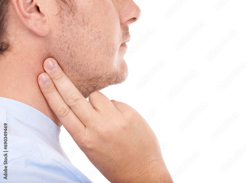 Fototapeta premium Man, hand and checking pulse rate, beat or health and wellness against a white studio background. Closeup of male person finger touching neck in cardiovascular, heart or blood pressure test on mockup