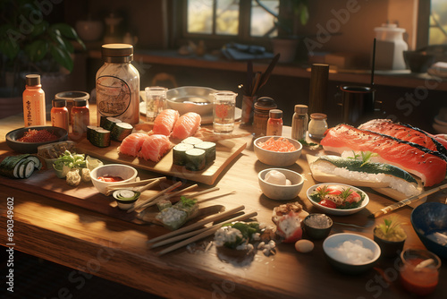 a table of baked sushi making ingredients, traditional kitchen