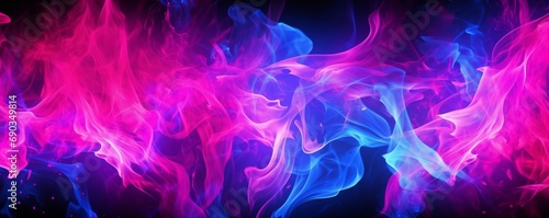 Abstract background of fiery flames of purple and blue swirling in dance. Smoke particles. Electrical lightning discharge. Concept of modern art. Nightclub. Vertical banner. Ultra-wide banner