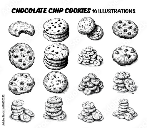 Collection of choco chip cookies. Sketch illustration