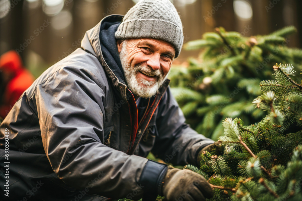Obraz premium Man choosing a Christmas tree at the market