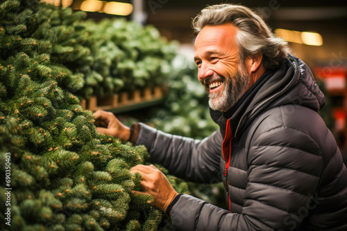 Man choosing a Christmas tree at the market