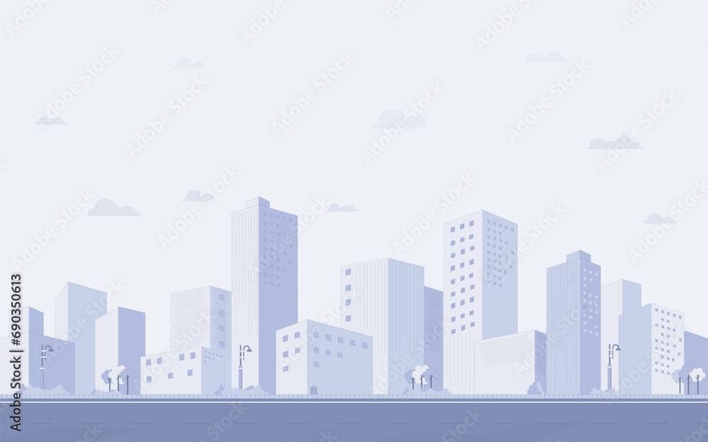 Purple cityscape background, City buildings and trees at city view. Monochrome urban landscape with clouds in the sky. Modern architectural flat style vector illustration.