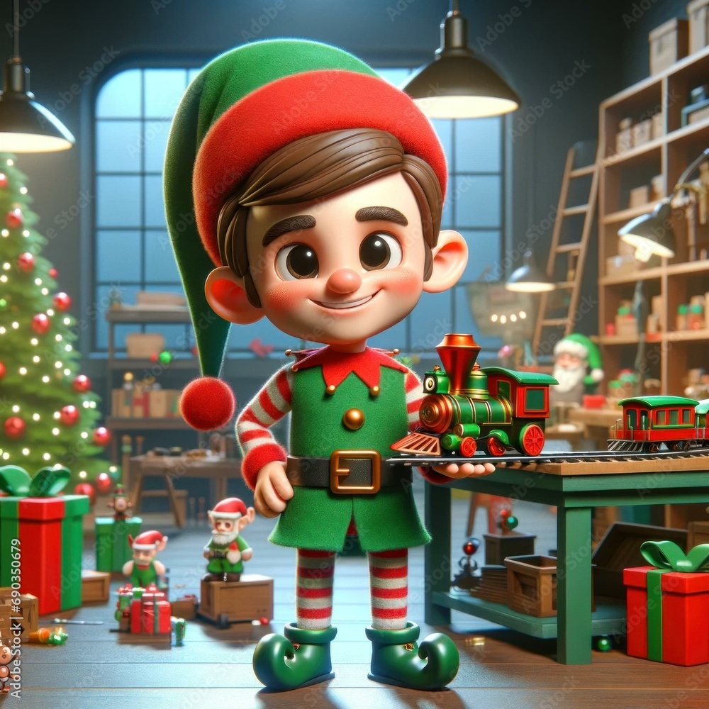 Jolly 3D Animated Elf in Festive Attire with Toy Train in Christmas Workshop, Ideal for Holiday Season Jolly 3D Animated Elf in Festive Attire with Toy Train in Christmas Workshop, Ideal for Holiday Season