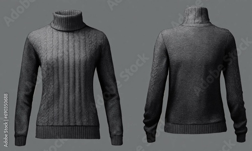 folded single gray wool sweater with high neck. Top view. Front and back view of the sweater of the wool on isolated background photo