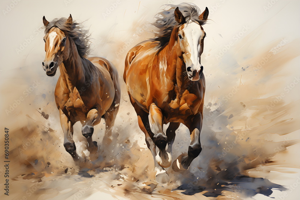 Oil painting Two horses running full speed they are different colors. The fur is long and flowing. The mane blows in the wind. His eyes widened, showing determination. This picture represents freedom. Oil painting Two horses running full speed they are different colors. The fur is long and flowing. The mane blows in the wind. His eyes widened, showing determination. This picture represents freedom.