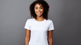 Handsome young black  female wearing white blank cotton t-shirt with space for your logo or design generative ai