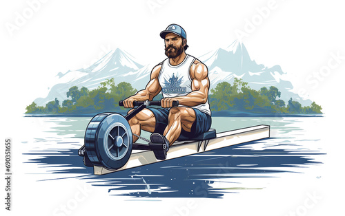 Muscular Man Rowing Machine Illustration isolated on a transparent background.
