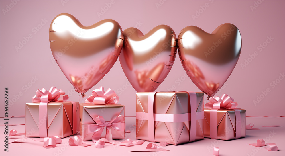 Gold heart shaped balloons and shiny silver and gold gift boxes on pink background. Concept of love, birthday, valentine's day. Copy space. Gold heart shaped balloons and shiny silver and gold gift boxes on pink background. Concept of love, birthday, valentine's day. Copy space.