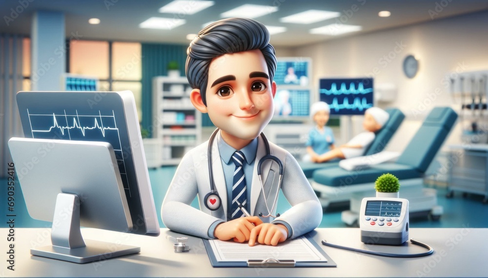 Compassionate 3D Animated Doctor Character in Modern Hospital Setting, Perfect for Medical, Healthcare, Expertise, Advanced Equipment, Professionalism in Medicine Themes - obrazy, fototapety, plakaty 