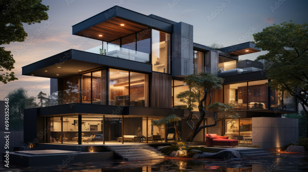 Sleek modern minimalist house bathed in the warm glow of evening light, a vision of contemporary elegance and tranquility - obrazy, fototapety, plakaty 
