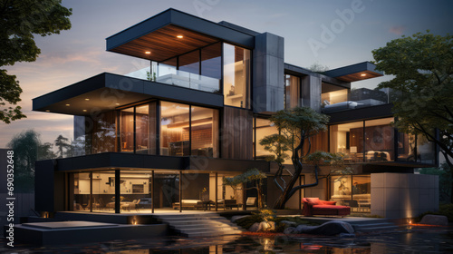 Sleek modern minimalist house bathed in the warm glow of evening light, a vision of contemporary elegance and tranquility © STOCK-AI
