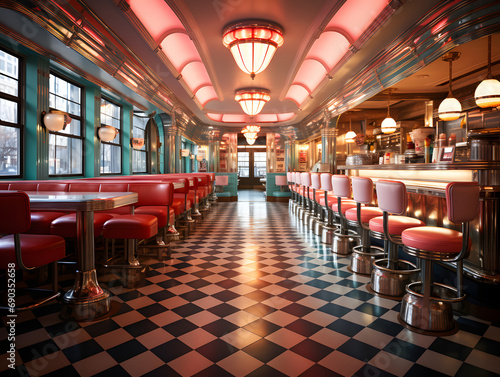 A Classic 1950s Diner with Neon Signs and Checkered Floors © Ekaterina