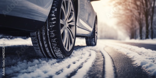 Car tires on winter road covered with snow. Vehicle on snowy alley in the morning at snowfall, concept of winter travel, on road, winter holidays, with copy space. © JW Studio