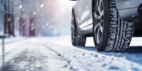 Car tires on winter road covered with snow. Vehicle on snowy alley in the morning at snowfall, concept of winter travel, on road, winter holidays, with copy space.