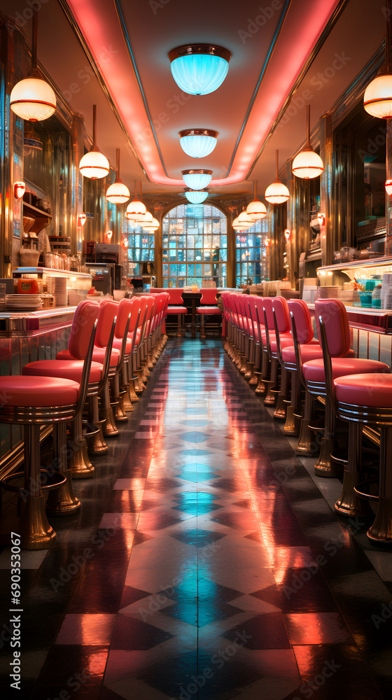A Classic 1950s Diner with Neon Signs and Checkered Floors