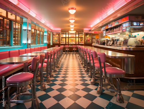 A Classic 1950s Diner with Neon Signs and Checkered Floors © Ekaterina
