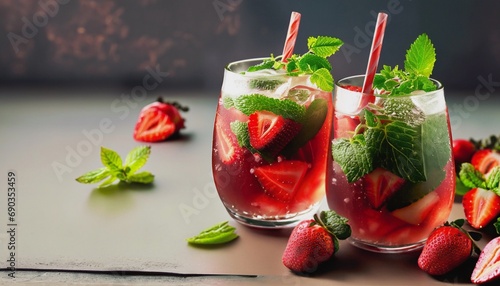 drink water with strawberries and mint and ice suitable as background or banner