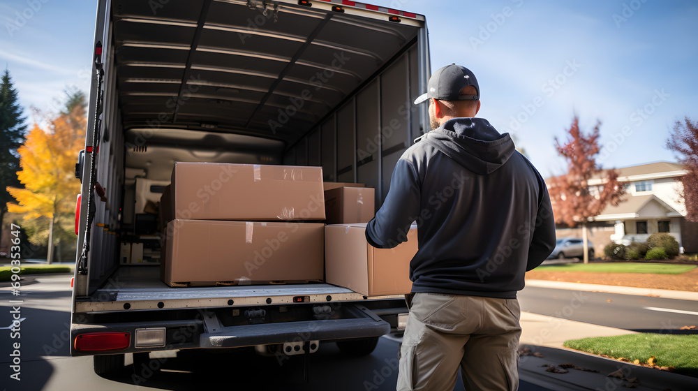 The male loader lifting a heavy piece of furniture or a large box from
