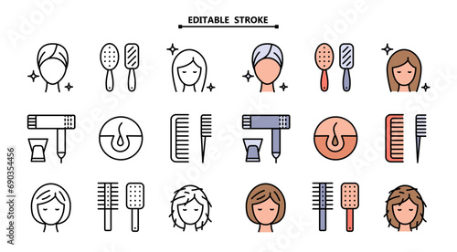Set of brush and hairbrush stock symbol. Editable Stroke. Care and maintain healthy hair, icon set