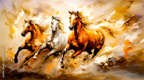 Painting of three horses running on field of grass with sky in the background.