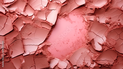 A close up of a cracked surface with a pink background. Monochrome peach fuzz background.