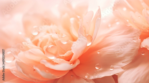 A close up of a flower with water droplets on it. Monochrome peach fuzz background.