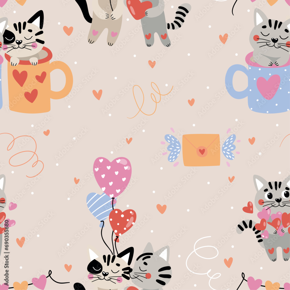 Seamless vector pattern with cats in love. Suitable for wrapping paper, fabric, cards and more.